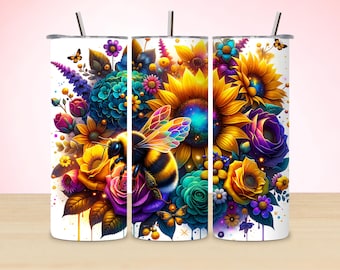 Floral Bee Tumbler Sublimation Design: 20 Oz Skinny Tumbler Wrap (Digital Download PNG)