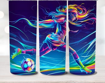 May include: A colourful, abstract design of a football player kicking a ball. The player is a woman with long, flowing hair. The design is on a stainless steel tumbler.