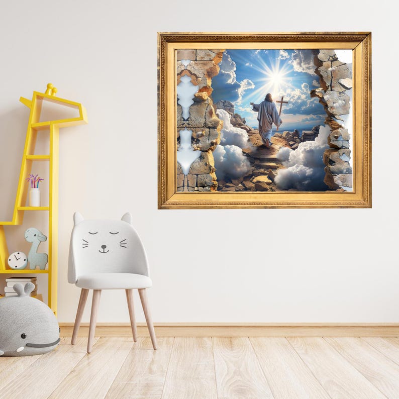 May include: A framed wall art piece featuring a 3D-style mural of a figure in robes holding a wooden cross, standing on a rocky path amidst clouds and bright sunlight, framed by a broken stone wall effect in a gold-colored rectangular frame.