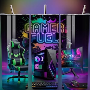 May include: A set of three black and white tumbler cups with a gamer theme. The cups feature a neon green and blue gamer chair, a computer tower with neon lights, a gaming monitor, and a gaming mouse. The middle cup has the text "GAMER FUEL" in neon pink and blue letters.