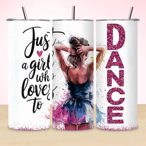 Op de afbeelding: Drie witte bekers met een roze glitterontwerp. De beker links zegt "Just a girl who loves to". De beker in het midden heeft een tekening van een meisje in een roze tutu. De beker rechts zegt "DANCE" in roze glitter.
