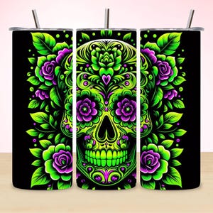 Neon Floral Sugar Skull 20oz Tumbler PNG (Digital Download)