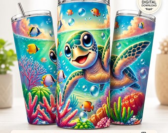 Turtle 20oz Tumbler Wrap PNG | Sea Turtle Sublimation Design | Skinny Tumbler Digital Download | Kids Gift