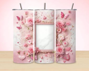 Personalized Photo Frame 20oz Tumbler Wrap PNG | Floral Glitter Sublimation Design | Skinny Tumbler Digital Download