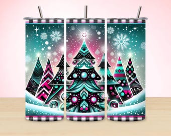 Pastel Christmas Tree Tumbler Wrap, 20 oz Skinny Tumbler Sublimation, Holiday Tumbler Design Png, Snowflake Seamless Download
