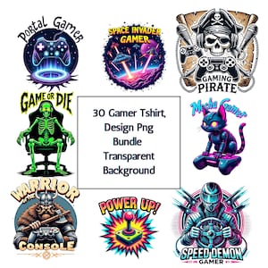 Gamer T-Shirt Design Bundle, Urban Grafiken PNG zum Drucken, hochwertige digitale Kunst, keine Gaming-Hintergrunddesigns, druckbare Dateien
