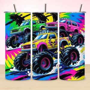 Monster Truck Tumbler Wrap, Kids Tumbler Design PNG, 20oz Skinny Sublimation, Cool Boys Seamless Wrap, Back to School Digital Download