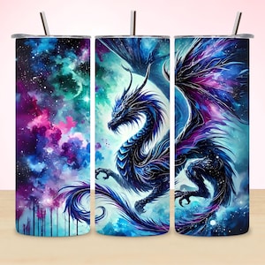 Black Dragon 20oz Tumbler Wrap PNG | Fantasy Dragon Sublimation Design | Vibrant Skinny Tumbler Digital Download image 1