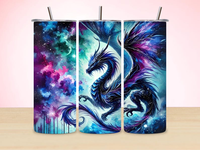 Black Dragon 20oz Tumbler Wrap PNG | Fantasy Dragon Sublimation Design | Vibrant Skinny Tumbler Digital Download image 1