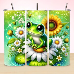 May include: A green frog with big eyes sits on a white daisy with a yellow center. The frog is surrounded by green leaves and other flowers, including sunflowers and white daisies. The background is a green and blue gradient with sparkles.