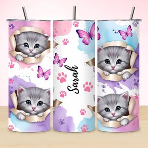 Cat Tumbler Wrap, Butterfly Tumbler Design, Add Your Own Name PNG, Watercolor Cat Sublimation, 20oz Skinny Seamless Digital Download
