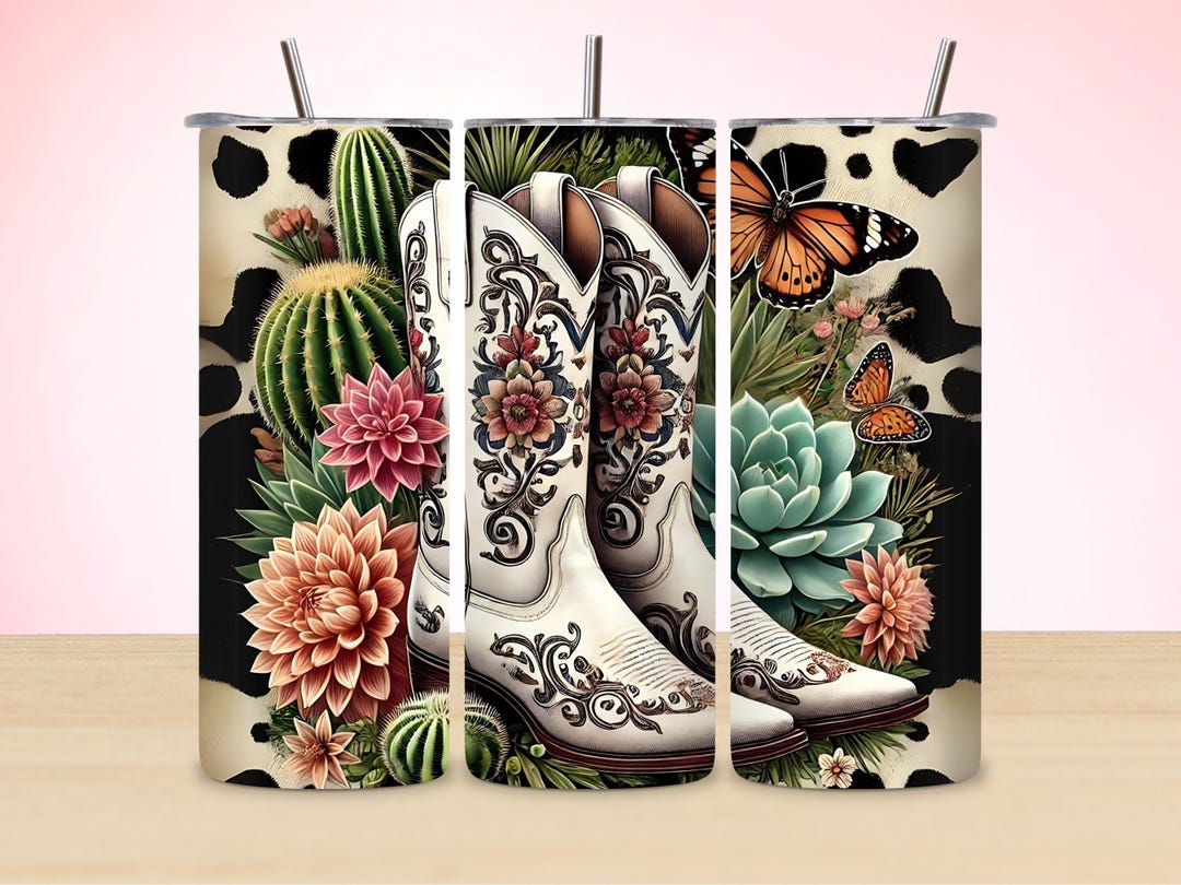 Cowgirl Boots Tumbler Wrap: Cactus Flowers, 20 Oz Sublimation Design ...