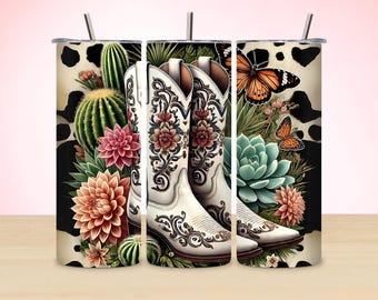 Western Cowgirl Boots Tumbler Wrap, Cactus Flowers Skinny Tumbler Design, 20 oz Sublimation PNG, Digital Download Straight Wrap Design