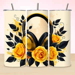 May include: Three stainless steel tumblers with a design of black headphones and yellow roses on a cream background.