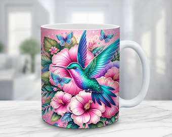 Hummingbird Mug Wrap: 3D Floral Design, 11oz/15oz (PNG Digital Download)