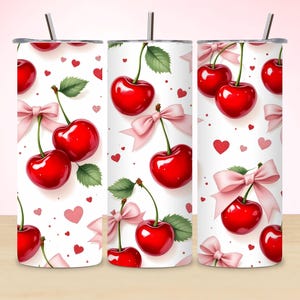 Cherry Bow Valentine Tumbler Wrap 20oz Skinny Sublimation Design Corações aquarela românticos PNG Download digital direto