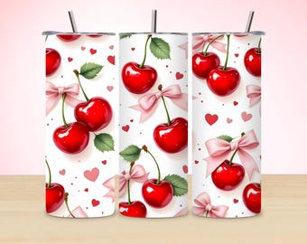 Cherry Bow Tumbler Wrap PNG, Valentine 20oz Skinny Tumbler Sublimation, Coquette Pink Hearts Digital Download