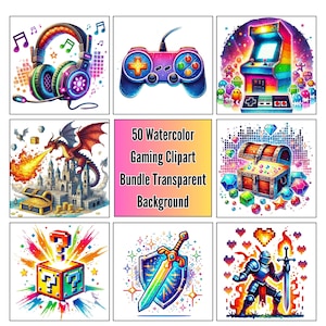 Aquarell Videospiel Clipart Bundle, Arcade Spiel Clipart PNG, Gaming Illustrationen Pack, transparente Grafiken, kommerzielle Nutzung