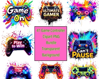 以下が含まれることがあります： 「ゲームオン」、「アルティメットゲーマー」、「プレイトゥウィン」、「ポーズできない」など、さまざまなフレーズが書かれた、カラフルなゲームコントローラーのデジタルクリップアート画像41点セット。画像は透明な背景です。