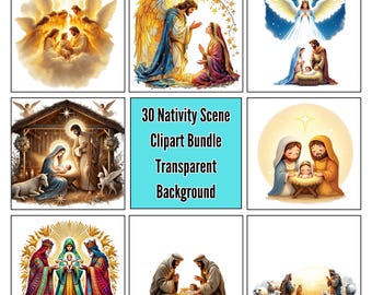 30 Nativity Scene Clipart Bundle, Christmas Nativity Graphics PNG, Jesus Birth Digital Download, Christmas Clipart, Commercial Use