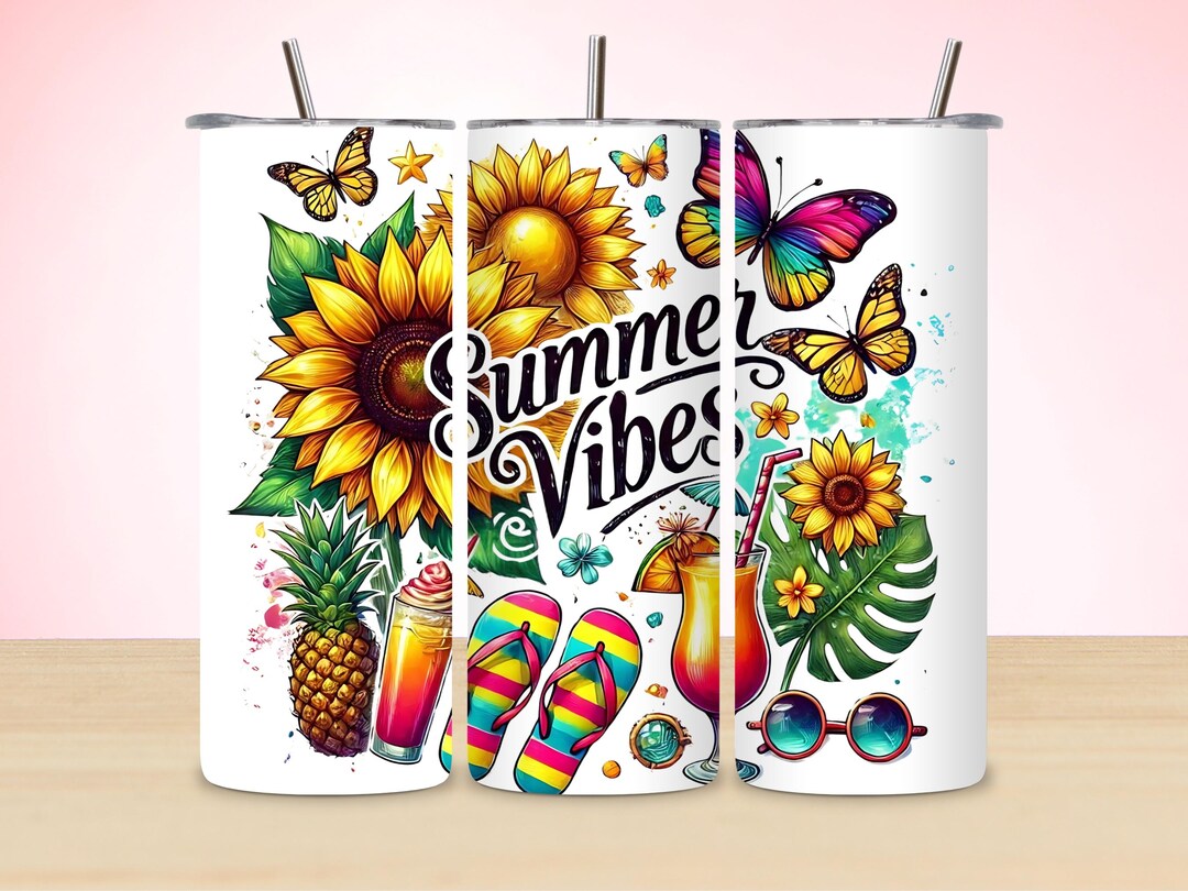 Summer Vibes Tumbler Wrap PNG, Watercolor Sublimation Design, Flip Flop ...