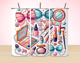 May include: A white tumbler with a colorful design featuring makeup items, bows, and pearls. The design includes a makeup palette, lipstick, blush, nail polish, and a compact mirror.