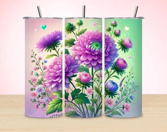Op de afbeelding: Drie roestvrijstalen bekers met een bloemenpatroon. De bekers hebben een roze, paarse en groene bloemenprint op een lichtroze, lichtgroene en lichtblauwe achtergrond.