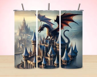 Dragon Tumbler Wrap PNG, Black Dragon Sublimation Design, Medieval Castle 20oz Skinny Tumbler, Fantasy Digital Download