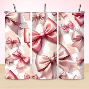 Coquette Bow Tumbler Wrap PNG: Pastel Pink Checkered Design (Digital Download)