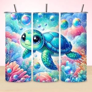 Diseño de sublimación para vaso delgado de 20 oz con diseño de tortuga, imagen PNG de vida marina, plantilla de descarga digital, envoltura para vaso con diseño de animales marinos
