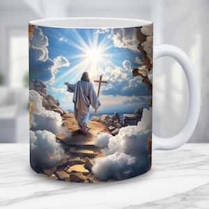 Envoltório de caneca Jesus no céu 3D, modelo de caneca de 11 onças e 15 onças, design de sublimação de caneca, modelo de embrulho de caneca, download instantâneo PNG, cruz, presente para ela