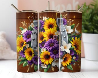 Horse Tumbler Wrap, Western Tumbler PNG, Country Horseshoe Flowers, Wildflower Tumbler Design, 20oz Skinny Sublimation Download