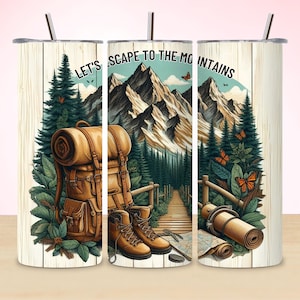 Hiking Adventure Tumbler Wrap, Escape to the Mountains 20 oz Skinny Tumbler Design, Digital Download, Exploring Straight Wrap