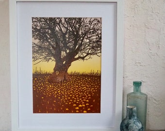 Apple tree  original limited edition linocut print.