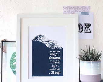 William Shakespeare 'The Tempest' play- hand screenprinted A4 shakespeare literary quote book print