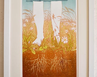 Stand on the earth. Take up space. You belong  Original linocut print.