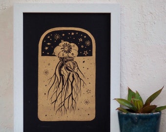 Lophophora williamsii peyote cactus gold limited edition Original hand pulled linocut