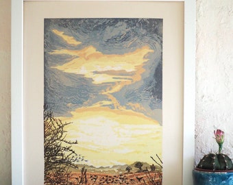 Winter sky original limited edition linocut print.