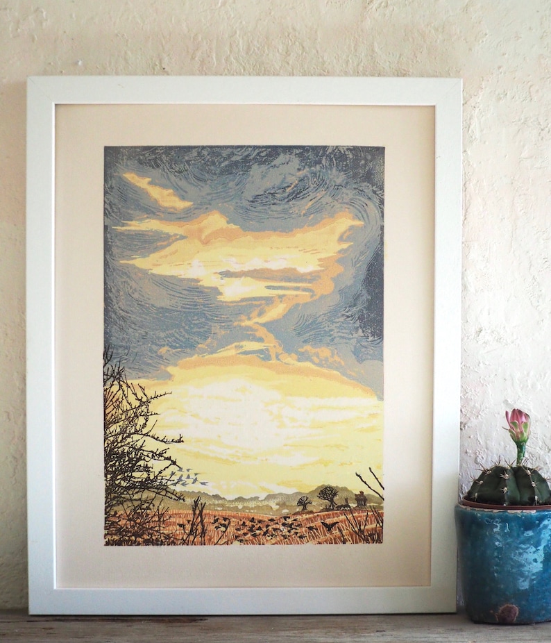 Winter sky original limited edition linocut print. image 1