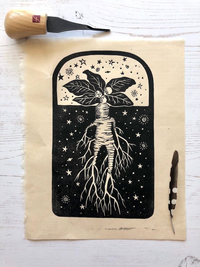 Mandrake mandragora officinarum Original hand pulled linocut image 1