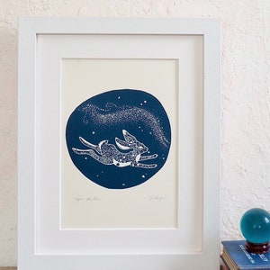 Lepus, the hare, astronomy constellation linoprint linocut art print