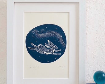 Lepus, the hare, astronomy constellation linoprint linocut art print