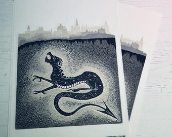 Dragon under Oxford reduction  linoprint linocut art print framed last one