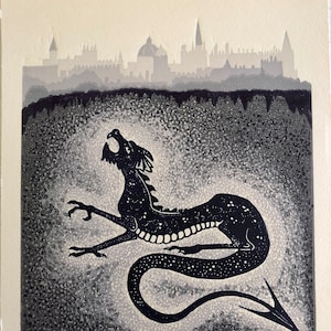 Dragon under Oxford reduction linoprint linocut art print image 1