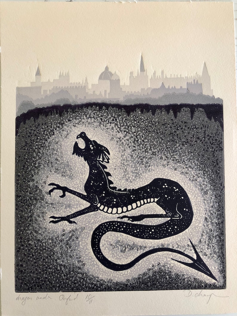 Dragon under Oxford reduction linoprint linocut art print image 1