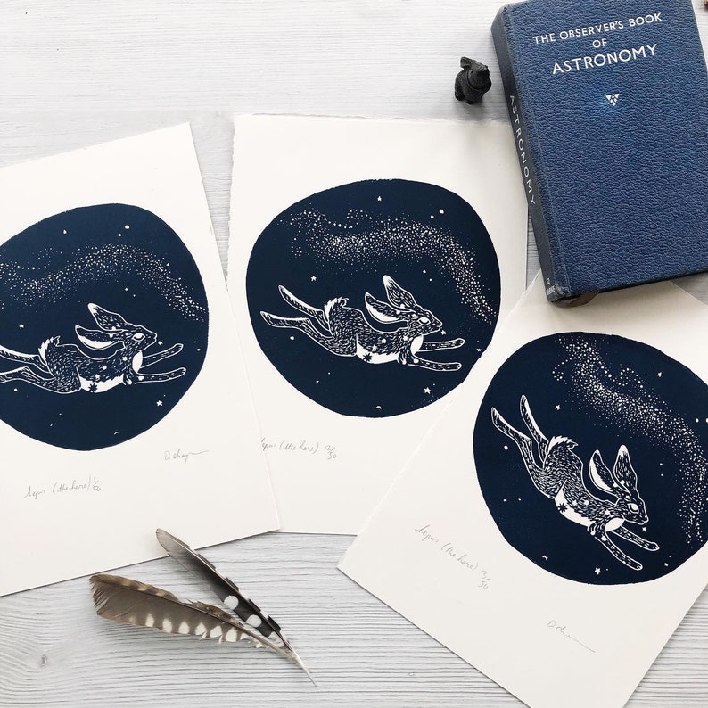 Lepus, the hare, astronomy constellation linoprint linocut art print image 3