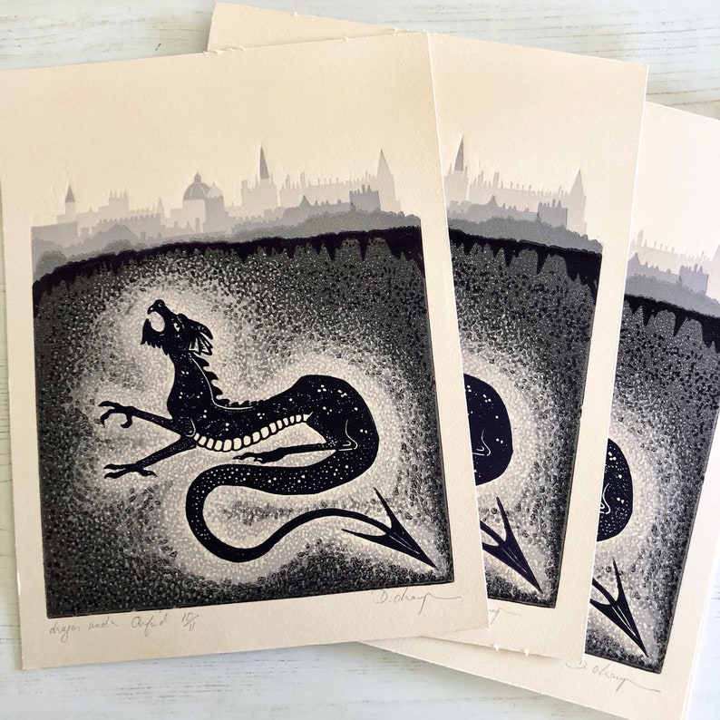 Dragon under Oxford reduction linoprint linocut art print image 2