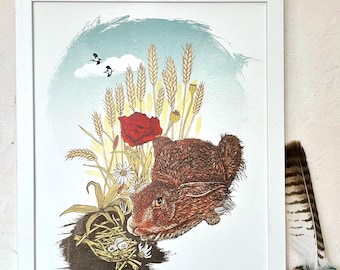 Hares eggs. Hare and lapwing  original limited edition linocut print.