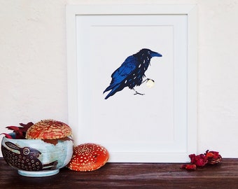 Munin Raven Crow messenger screenprint art print A5