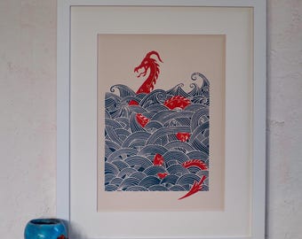 Seaserpent original limited edition linocut and screenprint